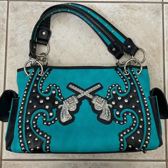 Handbags - Women's Western Purse, Conceal And Carry Teal Black Bling, Country Glam Handbag